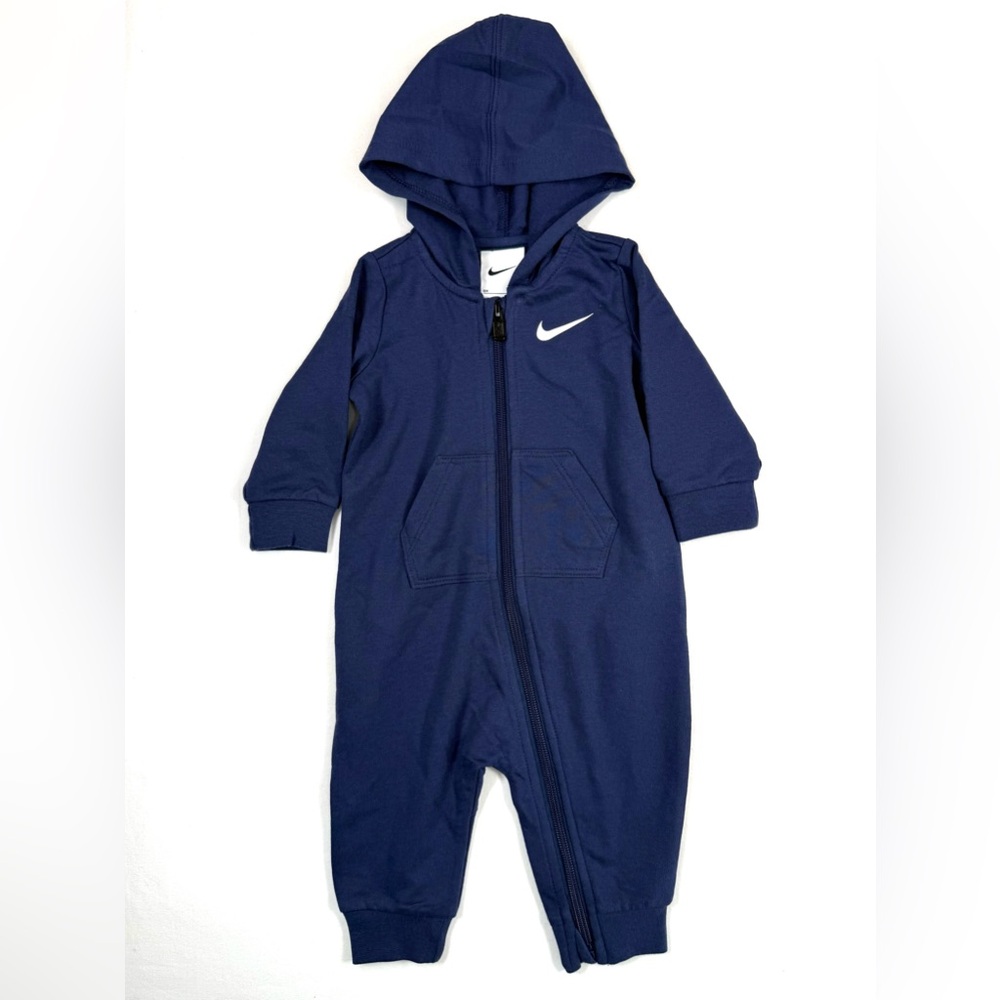 NIKE Baby Boy Girl Hooded Jumpsuit Zip 6M‎ Navy Athletic Romper Sporty Swoosh